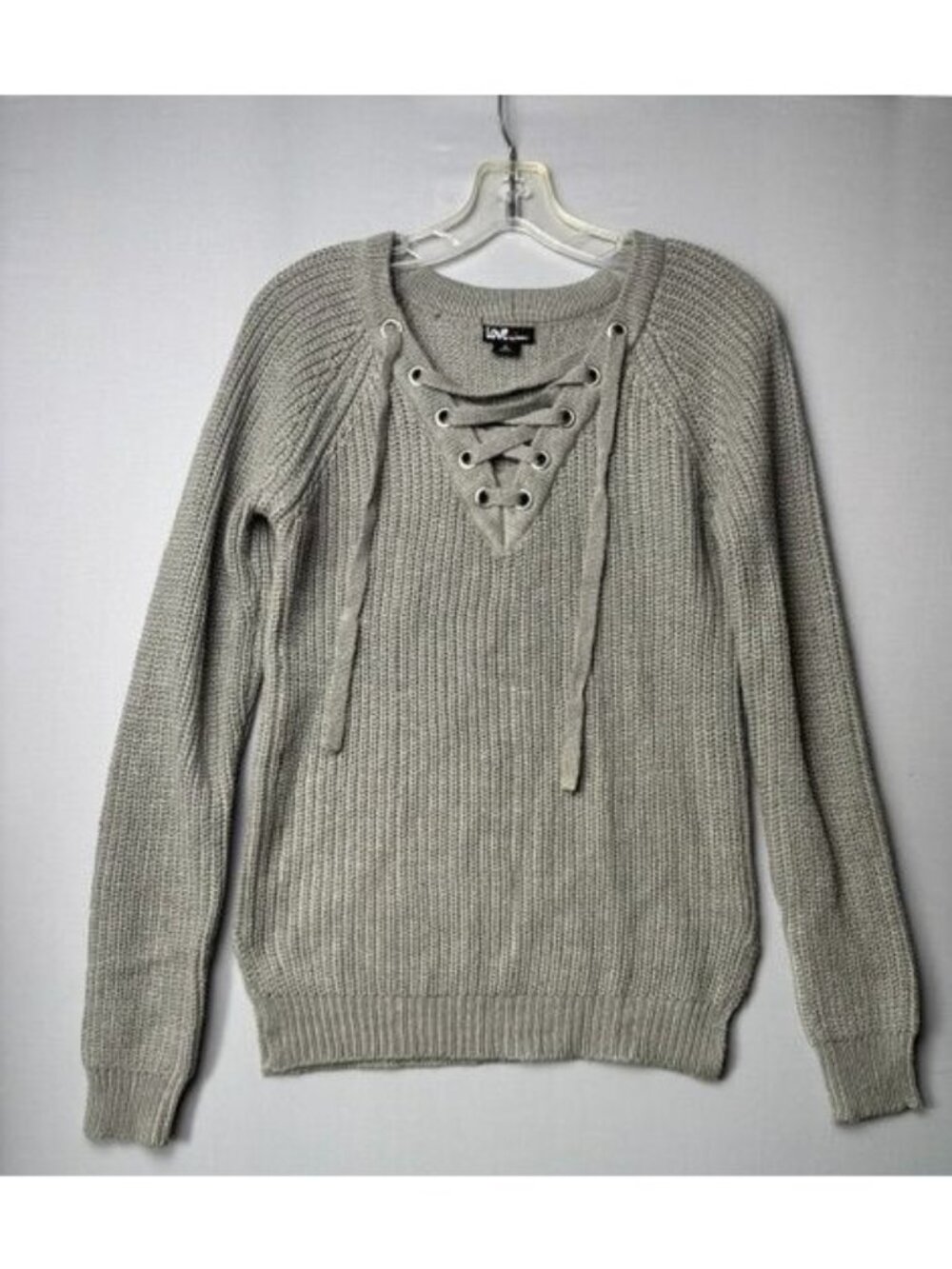 Love By Chesley Women's M Gray Lace Up V Neck Chunky Knit Sweater Pullover